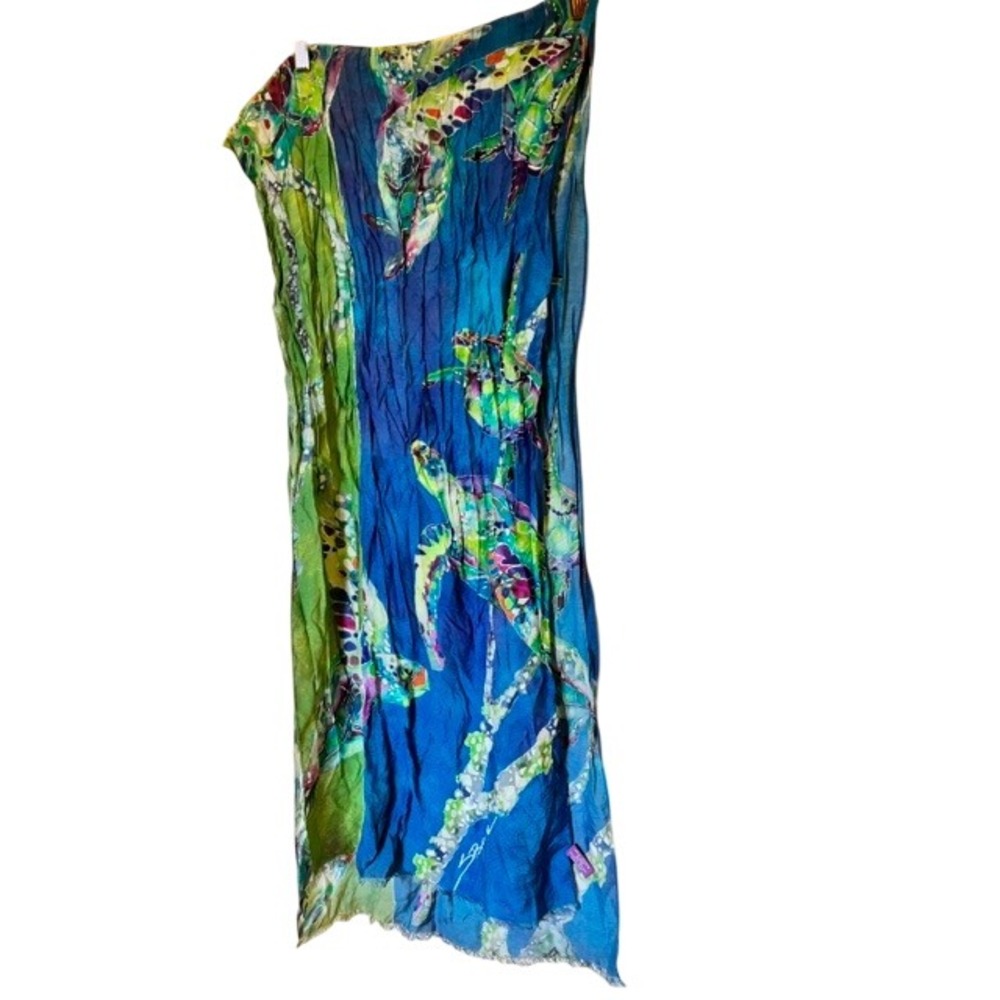 Life's A Blast Silk Blend Sea Turtle Scarf Blue Green Crinkle Frayed Wrap